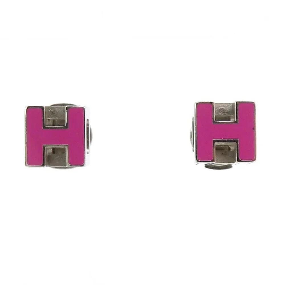 HERMES H Cube Pierce Earrings Silver/Magenta Metal/Enamel - Picture 9 of 10